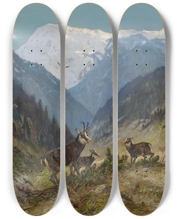 Triptych art skateboard deck of Moritz Mller Gamswildrudel by Moritz Melzer (1841-1899)