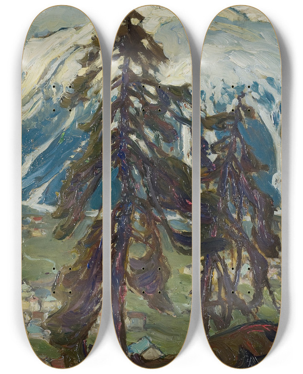 Triptych art skateboard deck of Anna Boberg Fir Trees In Front Of The Mountains Study From North Norway by Anna Boberg (1864-1935)