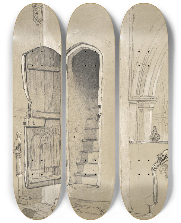 Triptych art skateboard deck of Miles Edmund Cotman Wichmere Ch Octr 9 1841 by Miles Edmund Cotman (1810-1858)