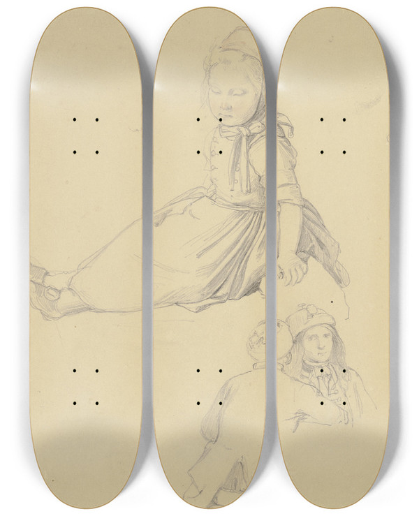 Triptych art skateboard deck of Jakob Becker Studienblatt Sitzendes Kleines Mdchen Darunter Zwei Mnner Im Gesprch by Jakob Becker (1810-1872)