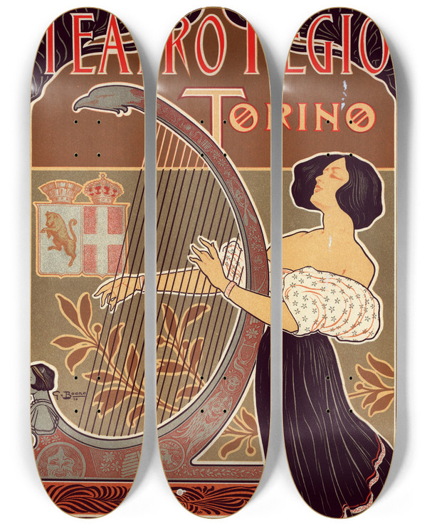 Triptych art skateboard deck of Giuseppe Boano Thtre Royal De Turin by Giuseppe Boano (1872-1938)