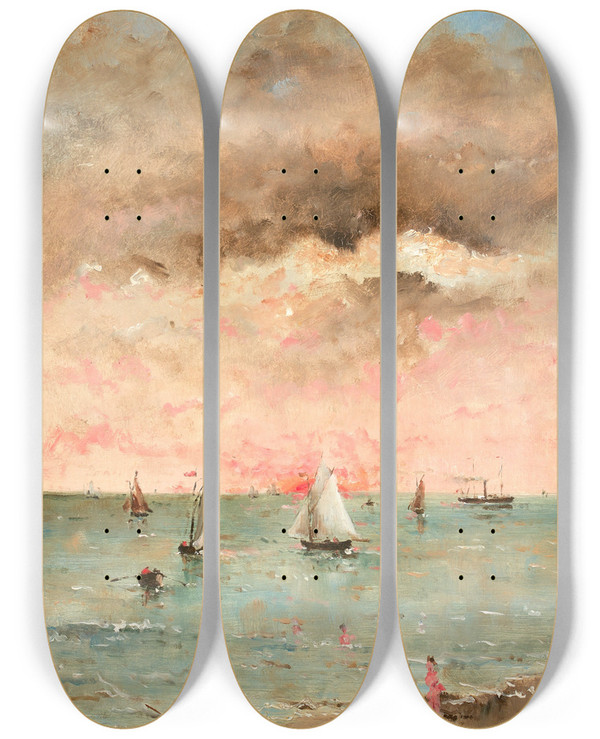Triptych art skateboard deck of Alfred Stevens Figures Sur La Plage Au Couchant by Alfred Stevens (1817-1875)