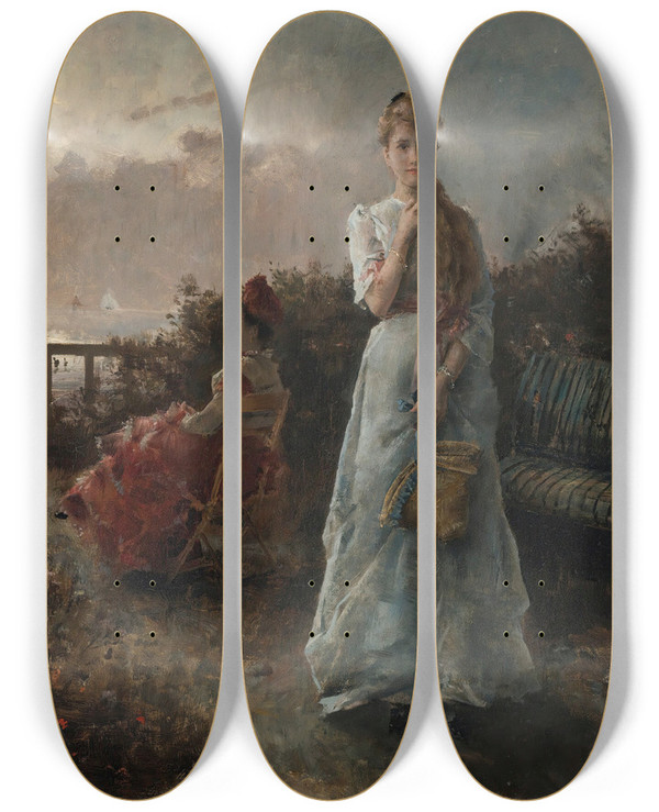 Triptych art skateboard deck of Alfred Stevens Un Soir La Mer by Alfred Stevens (1817-1875)