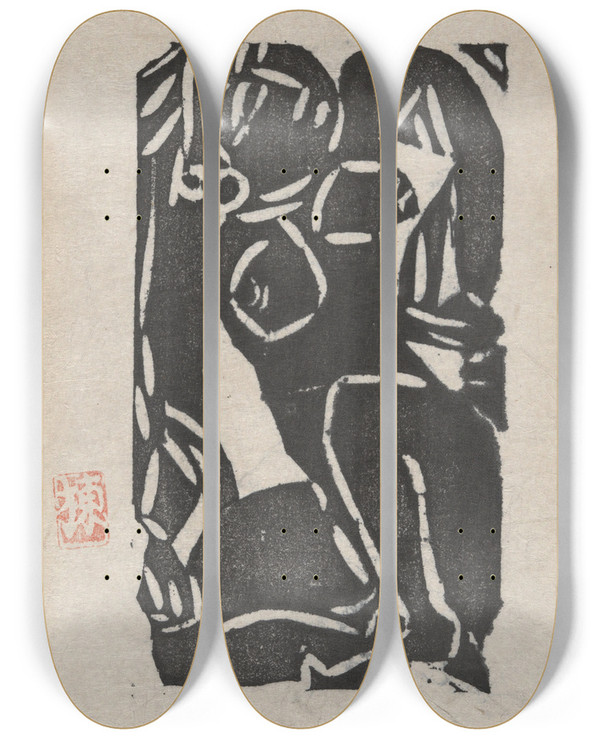Triptych art skateboard deck of Munakata Shiko Three Heavenlyattendants by Munakata Shiko (1903-1975)