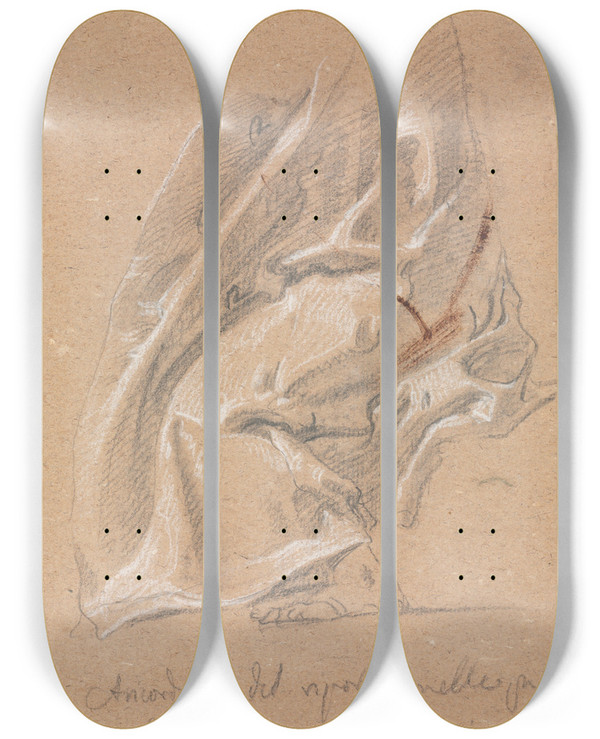 Triptych art skateboard deck of Francesco Lorenzi Drapery Study With Foot And Inscription by Francesco Lorenzi (1723-1787)