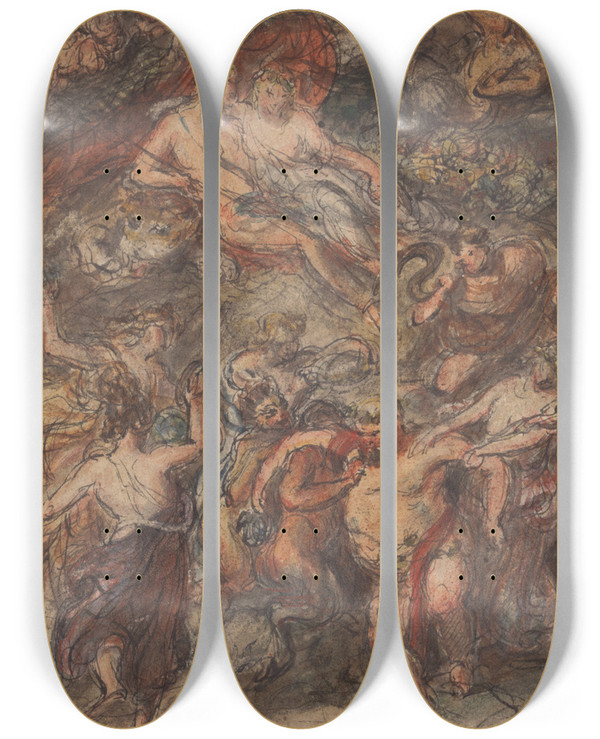 Triptych art skateboard deck of Robert Smirke Bachanalia Scene by Robert Smirke (1752-1845)