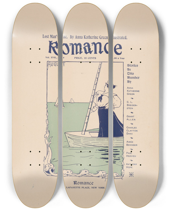 Triptych art skateboard deck of Abby E Underwood Romance For August by Abby E Underwood (1871-1941)