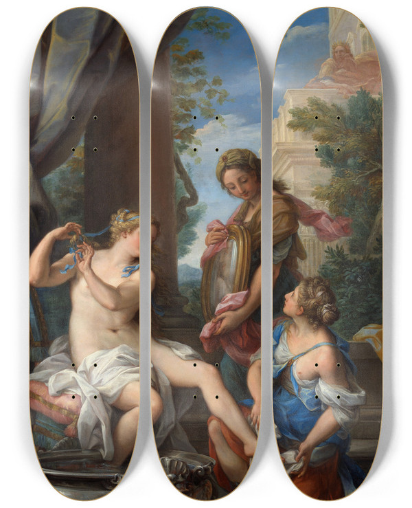 Triptych art skateboard deck of Giuseppe Bartolomeo Chiari Bathsheba At Her Bath by Giuseppe Bartolomeo Chiari (1654-1727)