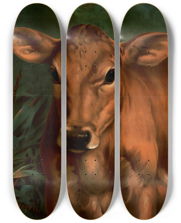 Triptych art skateboard deck of Thaddeus Welch Calfs Head by Thaddeus Welch (1844-1919)