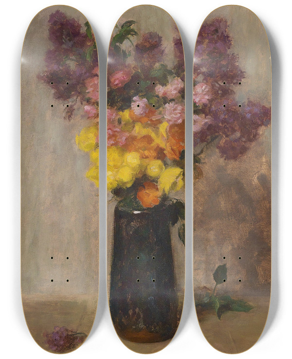 Triptych art skateboard deck of Simon Glcklich Blumenstillleben by Simon Glucklich (1863-1943)