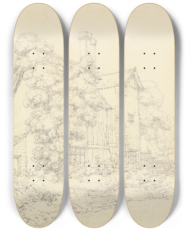 Triptych art skateboard deck of Thomas Hearne Cottage by Thomas Hearne (1744-1817)