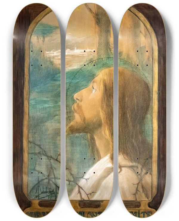 Triptych art skateboard deck of Jane Atch May Your Will Be Done by Jane Atche (1872-1937)
