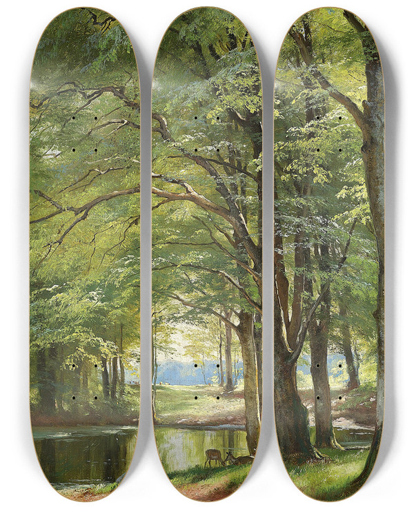 Triptych art skateboard deck of Carl Frederik Aagaard Lb Gennem Skoven by Carl Frederik Aagaard (1833-1895)