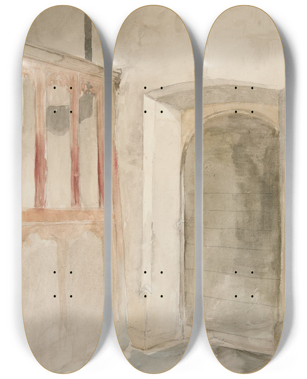 Triptych art skateboard deck of Edwin Austin Abbey Interiorstudy_3 by Edwin Austin Abbey (1852-1911)