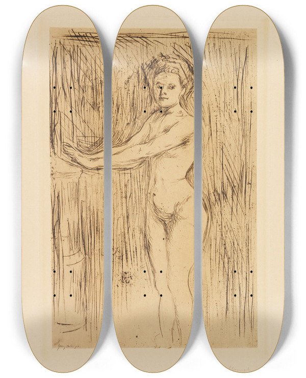Triptych art skateboard deck of Edvard Munch Modell Seine Hnde Wrmend by Edvard Munch (1863-1944)