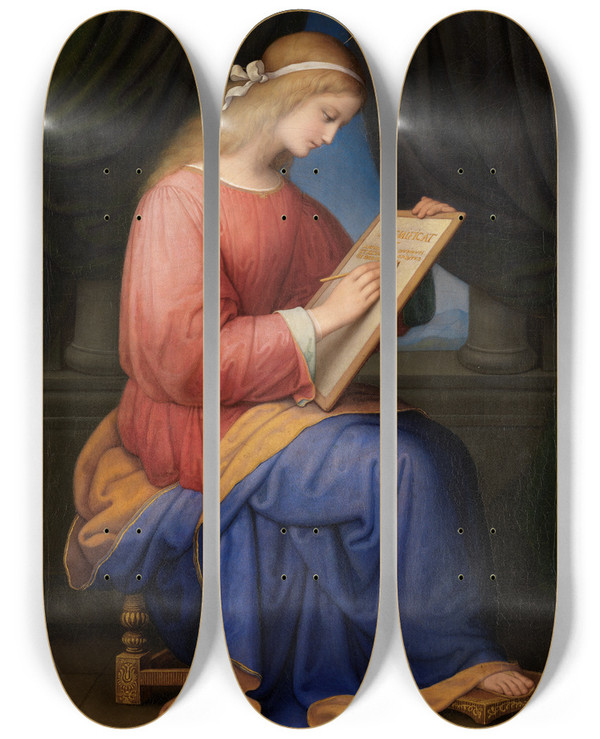 Triptych art skateboard deck of Marie Ellenrieder Maria Schreibt Das Magnificat by Marie Ellenrieder (1791-1863)