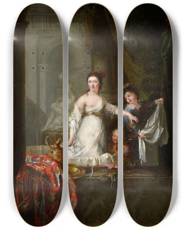 Triptych art skateboard deck of Robert Tournires Lady In The Bath With Cupids by Robert Tournieres (1667-1752)