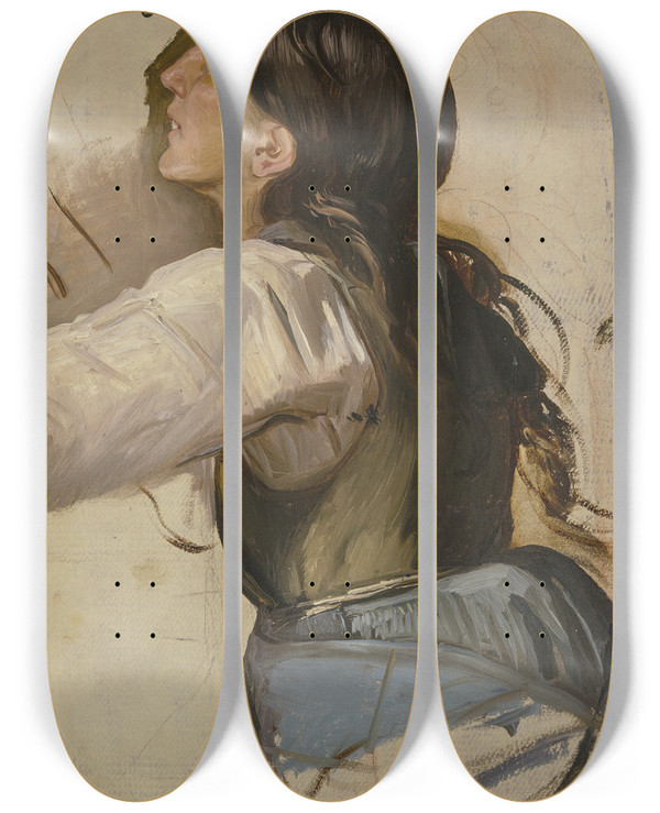 Triptych art skateboard deck of Jakob Becker Bildnis Einer Lchelnden Buerin Mit Offenem Haar_2 by Jakob Becker (1810-1872)