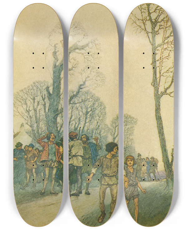Triptych art skateboard deck of Franklin Booth The Ruffler Put Jack In Hugos Charge by Franklin Booth (1874-1948)