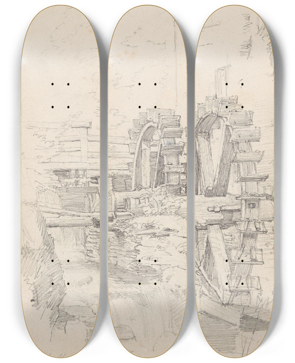 Triptych art skateboard deck of Adolph Tidemand Winkelsmhle Ved Dssel by Adolph Tidemand (1814-1876)