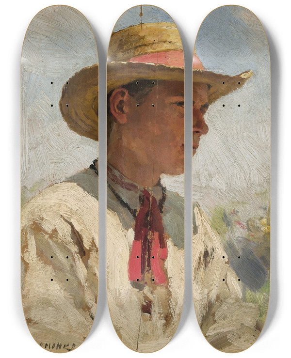 Triptych art skateboard deck of Mikoaj K Pimonienko Study Of A Young Boy In A Straw Hat by Mikolaj K Pimonienko (1862-1912)