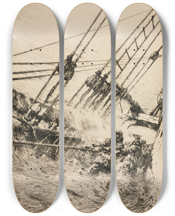 Triptych art skateboard deck of Arthur John Trevor Briscoe The Main Brace by Arthur John Trevor Briscoe (1873-1943)