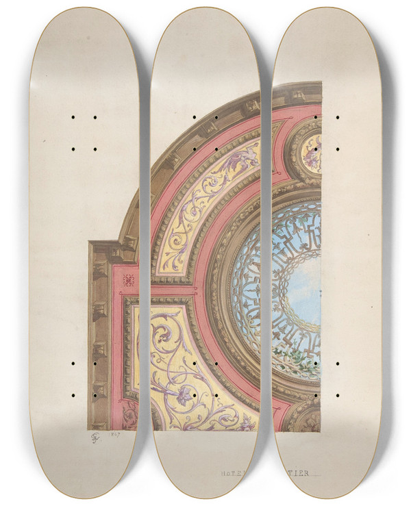 Triptych art skateboard deck of Julesedmondcharles Lachaise Design For Ceiling Htel Cottier_2 by Jules-Edmond-Charles Lachaise (1897)