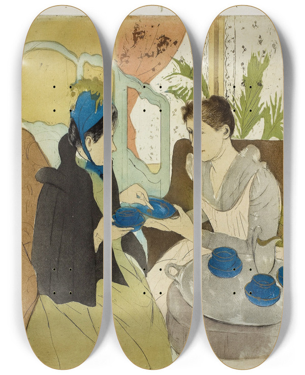 Triptych art skateboard deck of Mary Cassatt Afternoon Tea Party by Mary Cassatt (1844-1926)