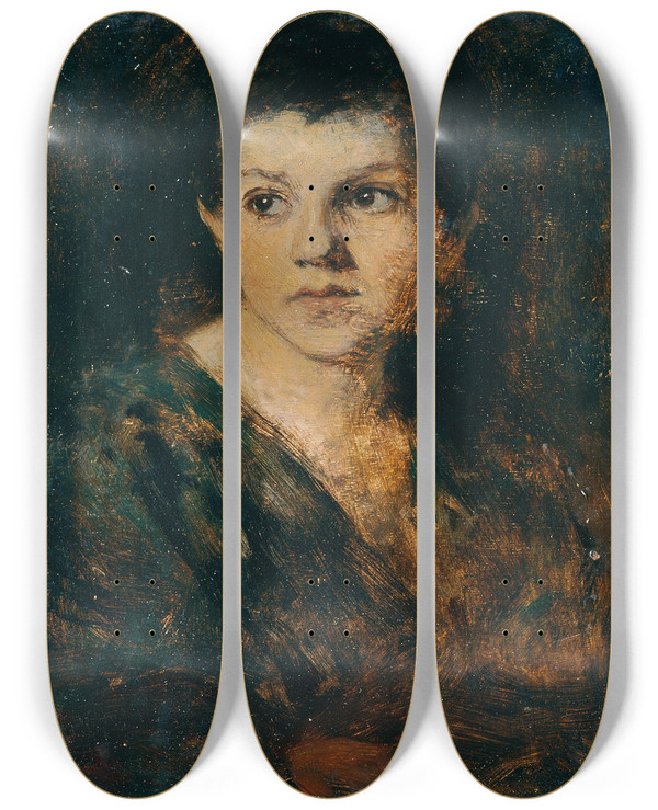 Triptych art skateboard deck of Franz Rumpler Knabenkopf by Franz Rumpler (1848-1922)
