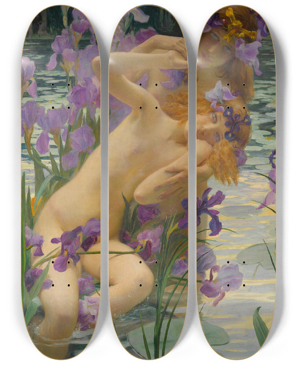 Triptych art skateboard deck of Gaston Bussire Les Iris by Gaston Bussiere (1862-1929)