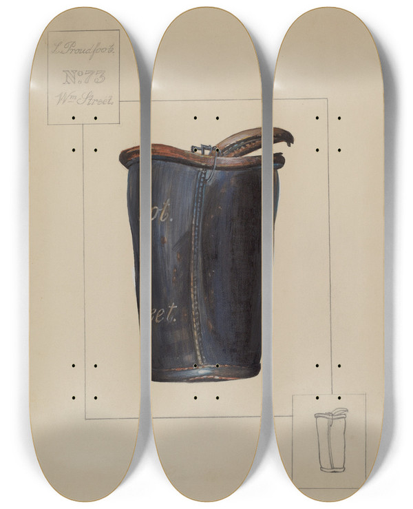 Triptych art skateboard deck of Mina Lowry Leather Fire Bucket by Mina Lowry (1894-1942)