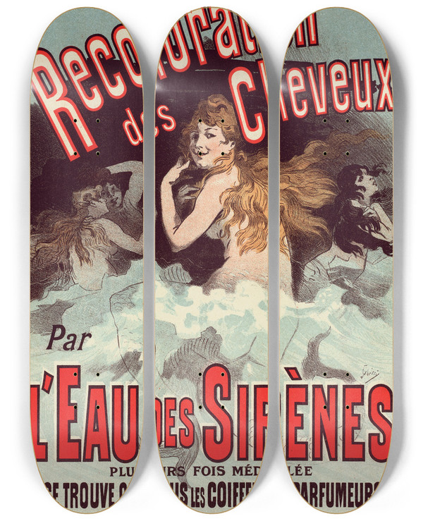 Triptych art skateboard deck of Jules Chret Eau De Sirnes by Jules Cheret (1836-1932)