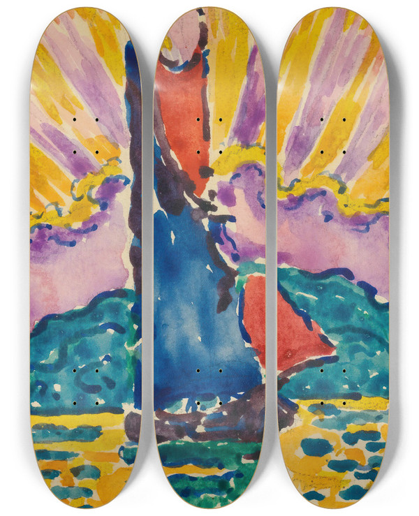 Triptych art skateboard deck of Paul Signac Coucher De Soleil Lventail by Paul Signac (1863-1935)