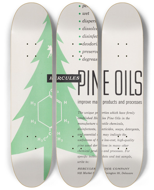 Triptych art skateboard deck of Hercules Incorporated Hercules Pine Oils Improve Many Products And Processes by Hercules Incorporated (20-)