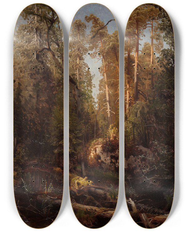 Triptych art skateboard deck of August Cappelen Forest Study by August Cappelen (1827-1852)
