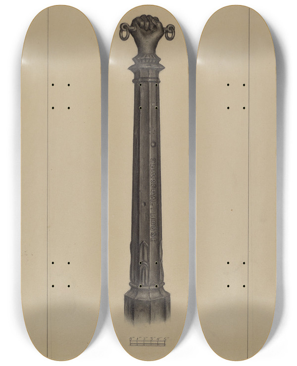 Triptych art skateboard deck of Milton Grubstein Hitching Post by Milton Grubstein