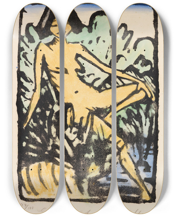 Triptych art skateboard deck of Otto Mueller Am Ufer Sitzendes Mdchen Sitzendes Mdchen In Landschaft by Otto Mueller (1874-1930)