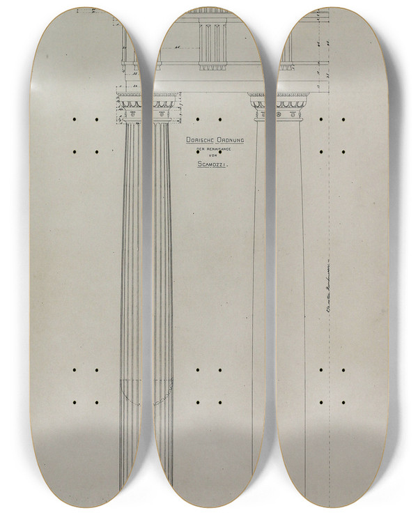 Triptych art skateboard deck of Carl Charles J Furst Orders Of Architecture Renaissance Doric Order From Vincenzo Scamozzi Elevation by Carl (Charles) J. Furst (1840-1919)