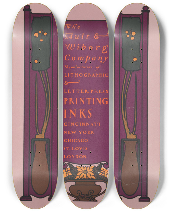 Triptych art skateboard deck of Will Bradley Ault And Wiborg Ad 134 by Will Bradley (1868-1962)
