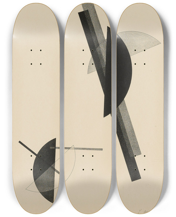 Triptych art skateboard deck of Lszl Moholynagy Kestnermappe Komposition One Plate Passuth 125 by Laszlo Moholy Nagy (1895-1946)