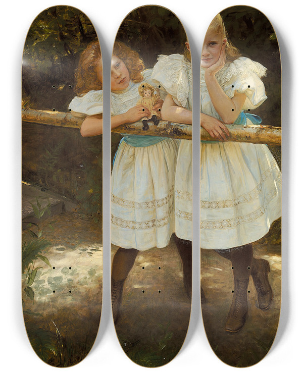 Triptych art skateboard deck of August Jerndorff Gerda And Elin by August Jerndorff (1846-1906)