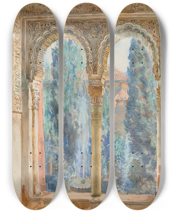 Triptych art skateboard deck of Francis Luis Mora View Of A Courtyard by Francis Luis Mora (1874-1940)