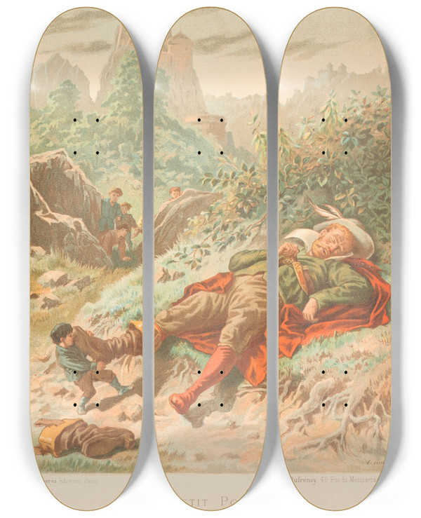 Triptych art skateboard deck of A Guillon Le Petit Poucet by A Guillon (19-)