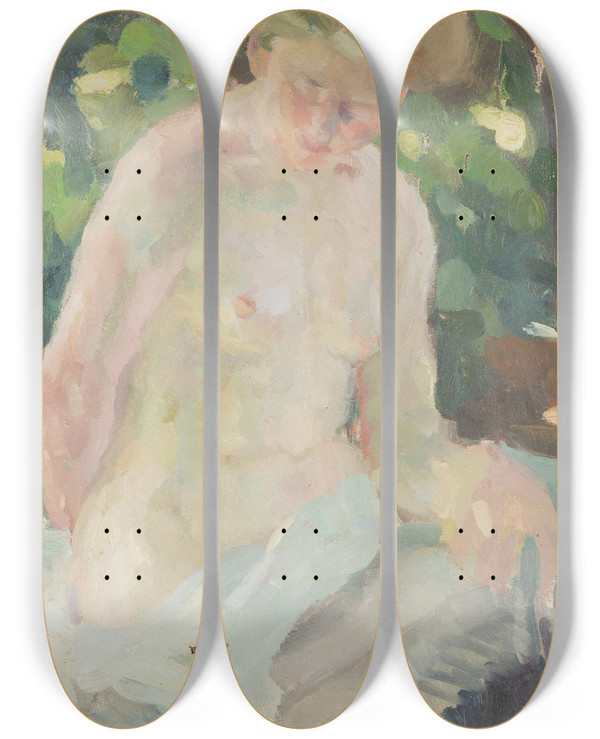 Triptych art skateboard deck of Adolf Hfer Female Nude by Adolf Hofer (1869-1927)