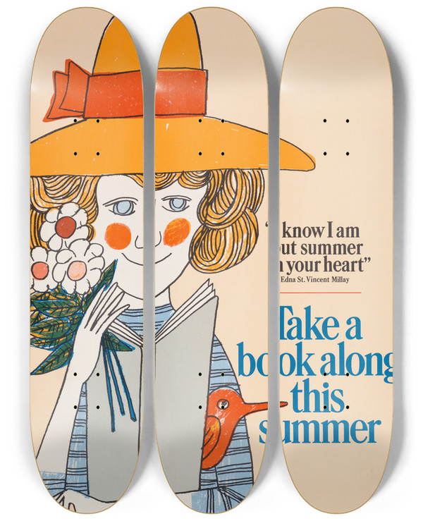 Triptych art skateboard deck of Bill Sokol Take A Book Along This Summer by Bill Sokol (1923)
