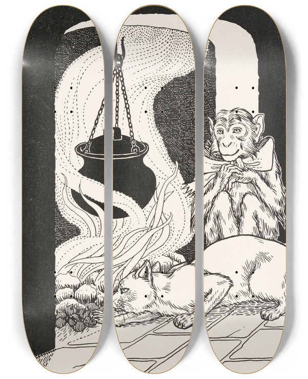 Triptych art skateboard deck of Percy J Billinghurst The Monkey And The Cat by Percy J Billinghurst (1871-1933)
