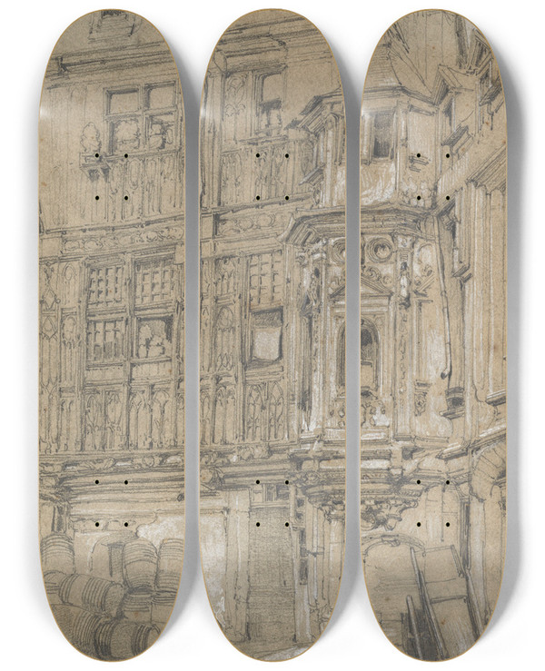 Triptych art skateboard deck of Samuel Prout Old House In Rouen by Samuel Prout (1783-1852)