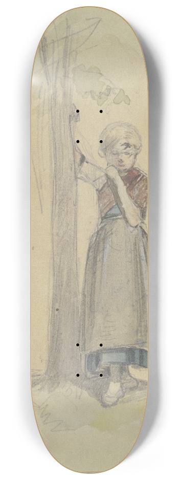 Jakob Frchtegott Dielmann - Kleines Mdchen, mit der rechten Hand sich an einen Baum lehnend, in nachdenklicher Haltung 8.25 inch art skate deck