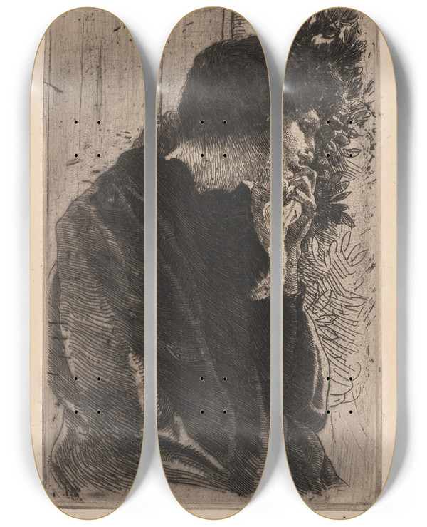Triptych art skateboard deck of Albert Besnard Sadness by Albert Besnard (1849-1934)