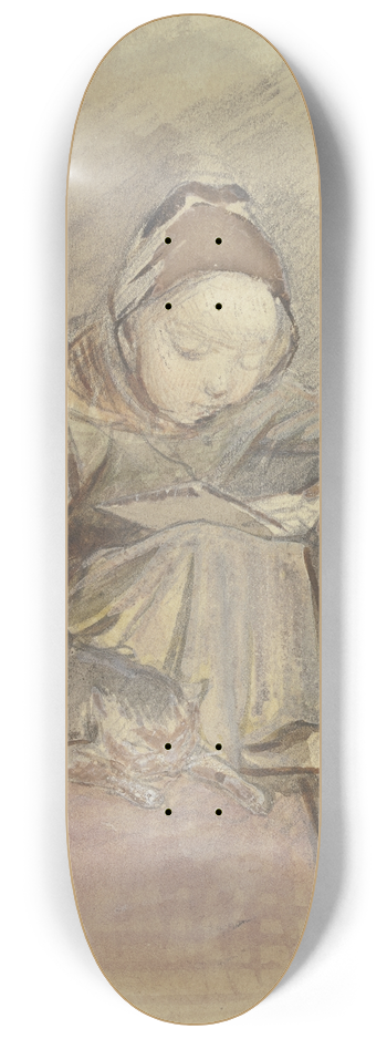 Jakob Frchtegott Dielmann - Lesendes Kind mit der Katze an einem Tisch auf einem roten Sofa sitzend 8.25 inch art skate deck